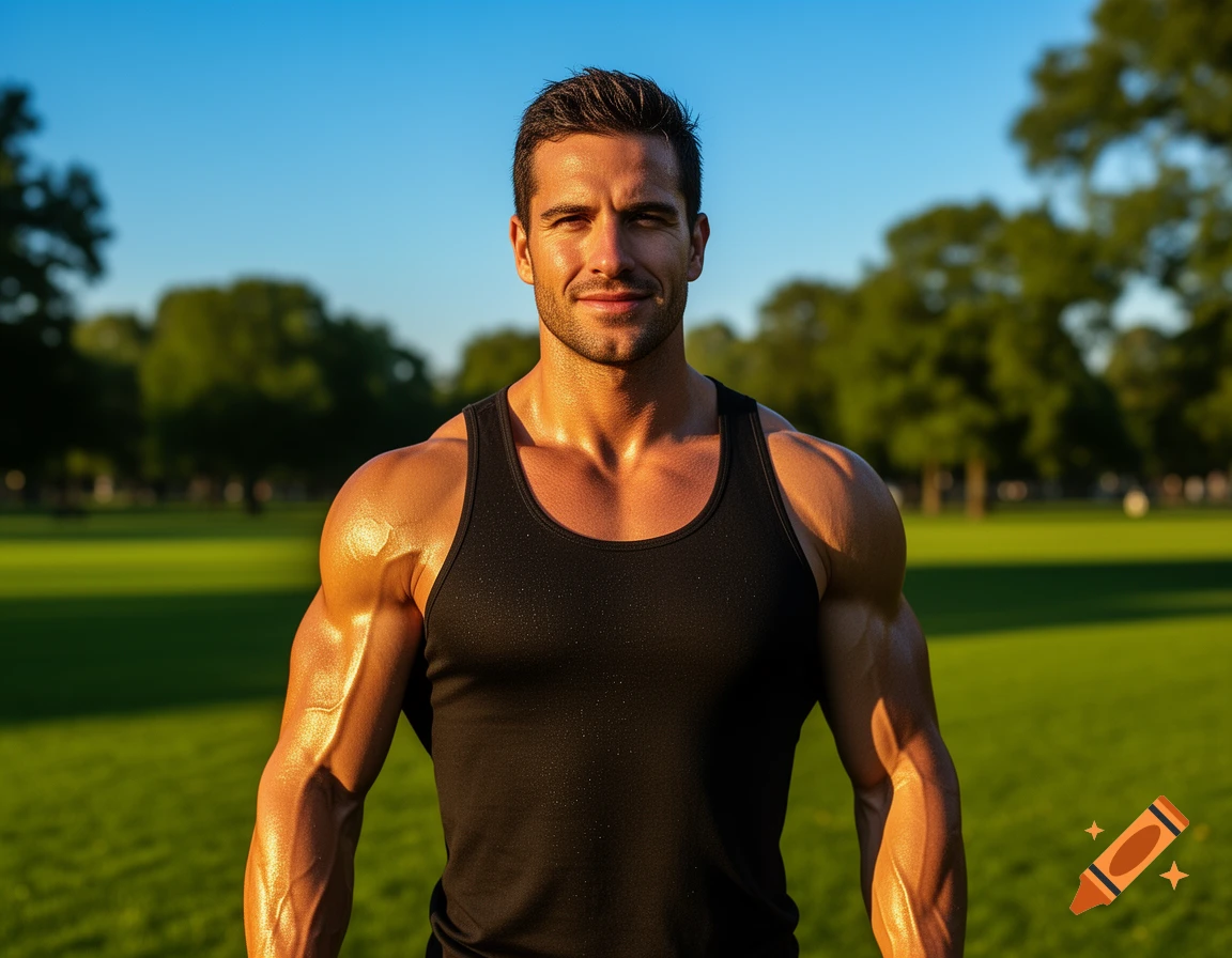 A muscular man in a black tank top smiles while standing in a sunny park.