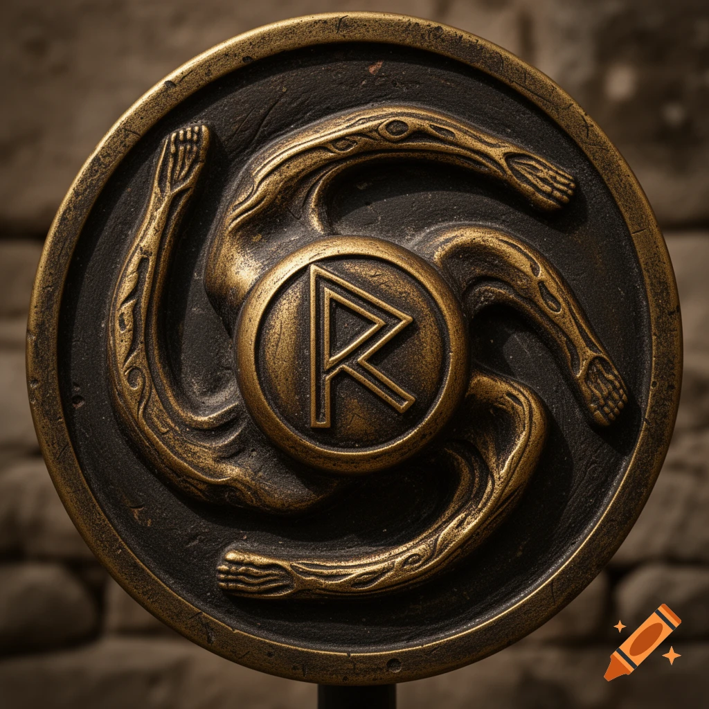 An intricate bronze emblem featuring a central R-rune surrounded by three intertwined snake-like limbs, on a stone background.