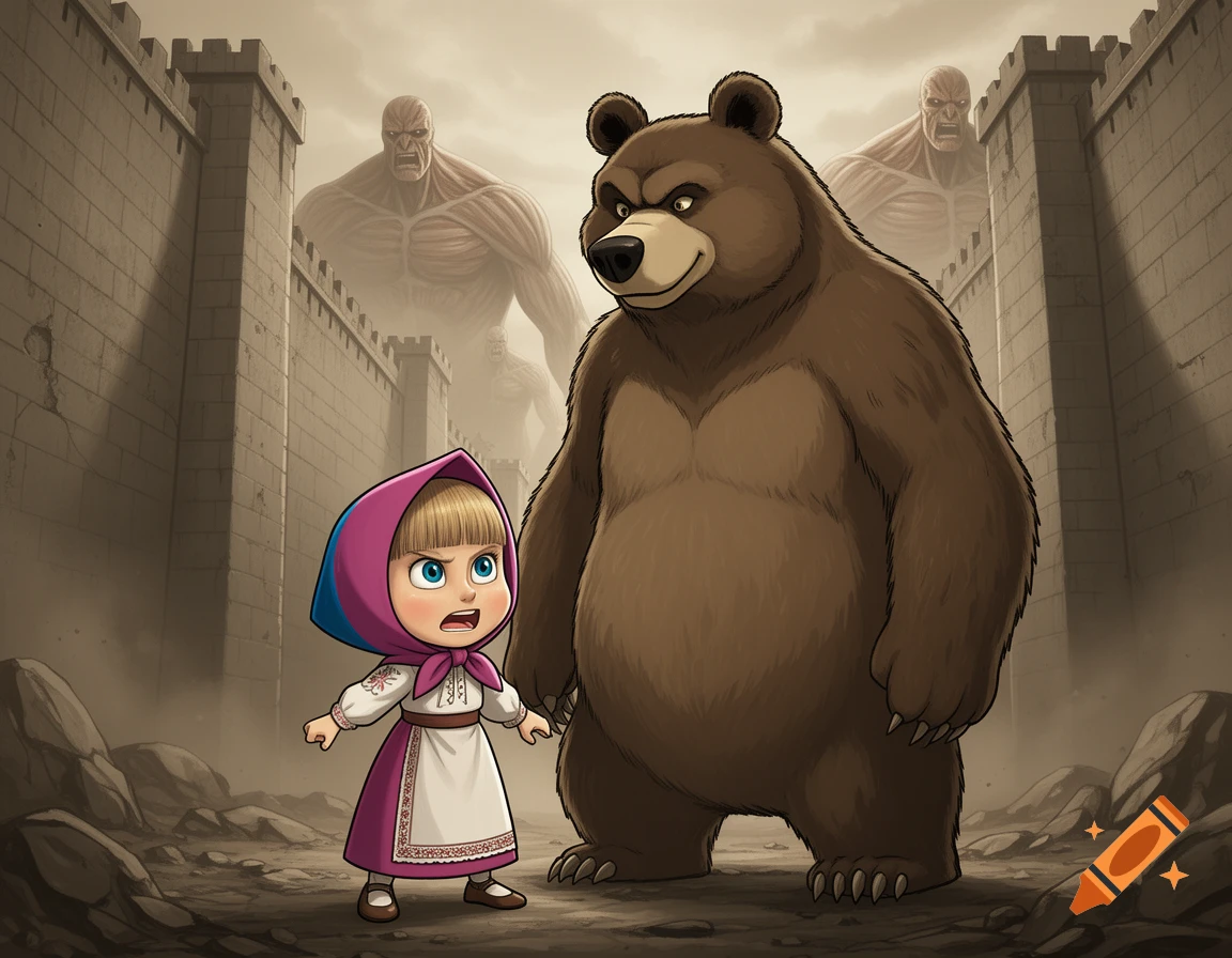 Masha and the Bear stand defiantly before colossal titans behind castle walls in a cartoon-anime crossover style.