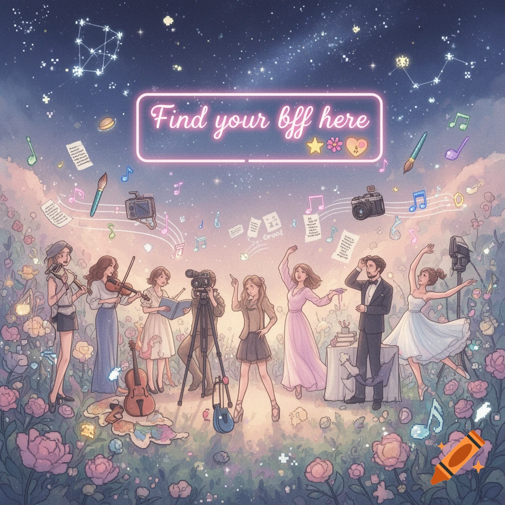 An ethereal, whimsical scene under a starry night sky with a neon sign that reads "Find your bff here," surrounded by diverse creatives including musicians, dancers, and artists, with floating musical notes and art supplies, all in a pixel lofi style.
