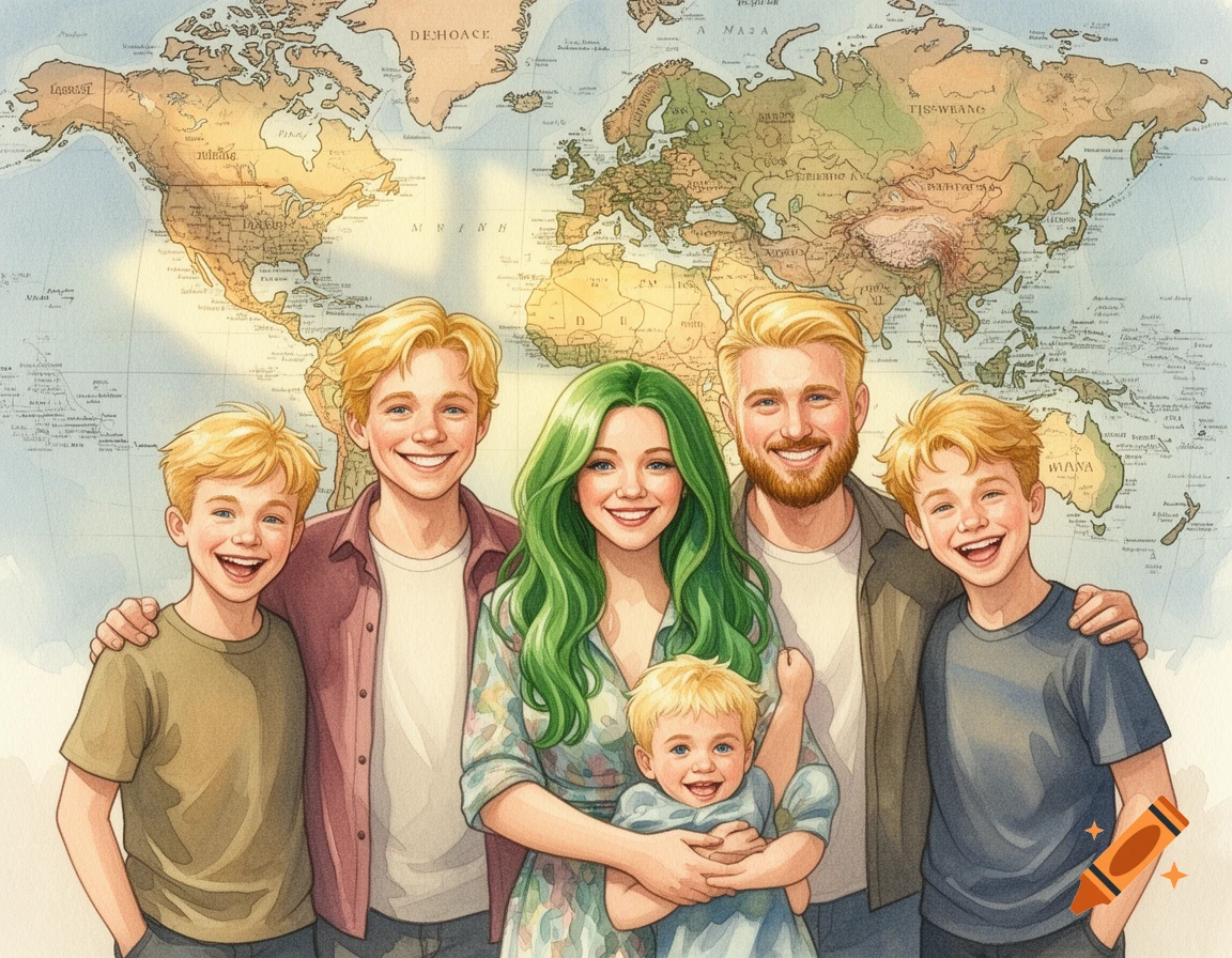 A smiling family of five, including a mother with green hair, a father with a beard, and three blonde sons, in a gauche painting style, standing in front of a world map.
