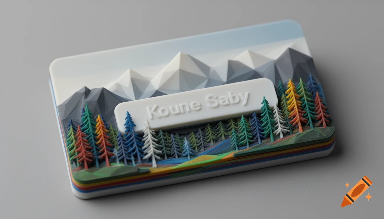 3D printed business card with a layered landscape of low-poly mountains, colorful pine trees, and 'Koune Saby' embossed.