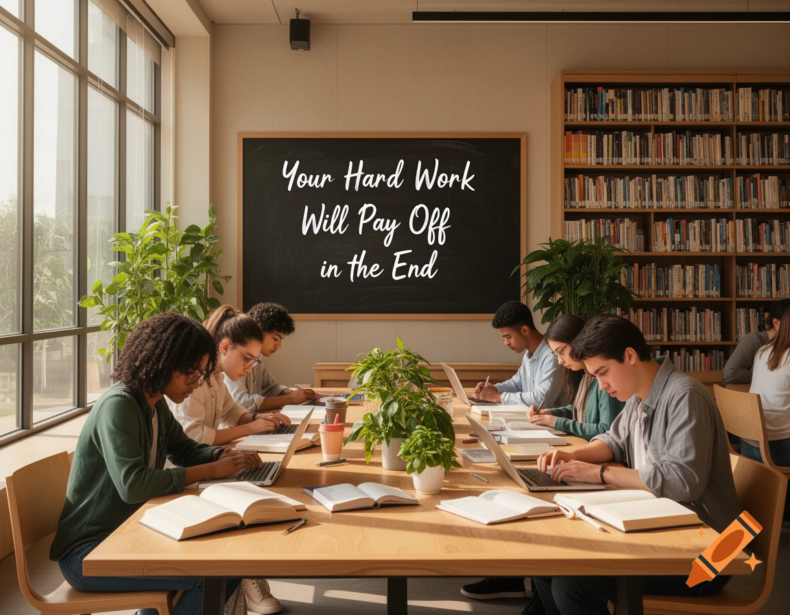 Students study at a long table in a library with a blackboard displaying 'Your Hard Work Will Pay Off in the End'.