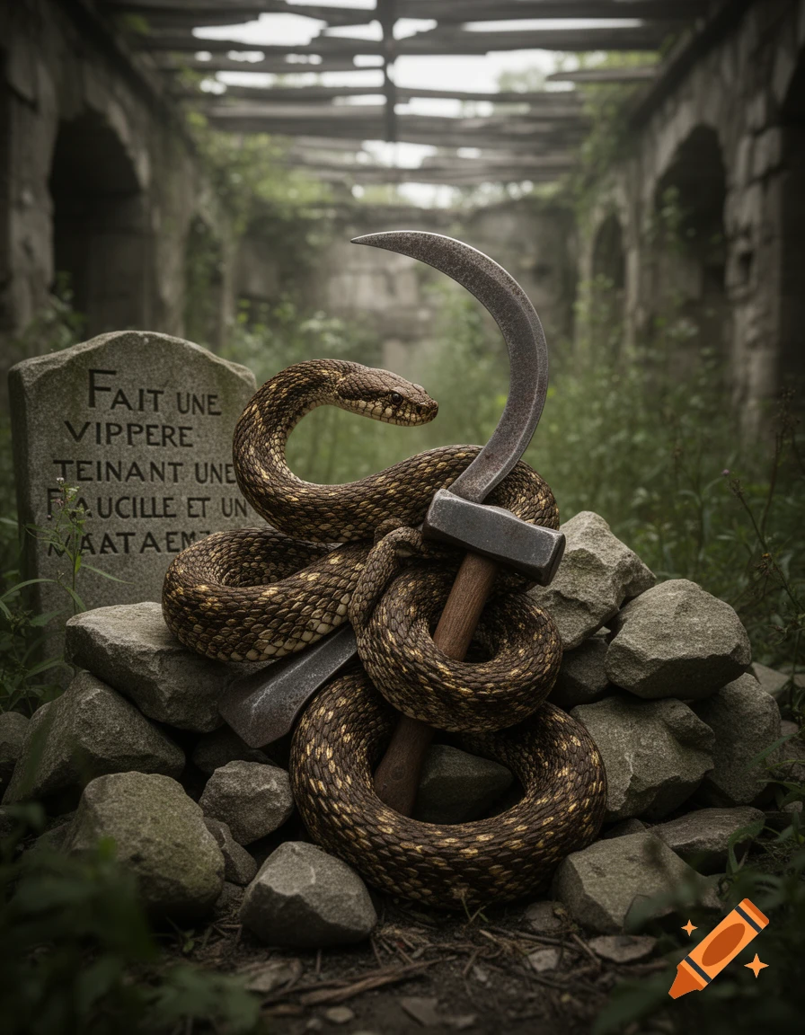 A viper coiled around a hammer and sickle on a pile of rocks, next to a tombstone with garbled text, set within overgrown ruins.