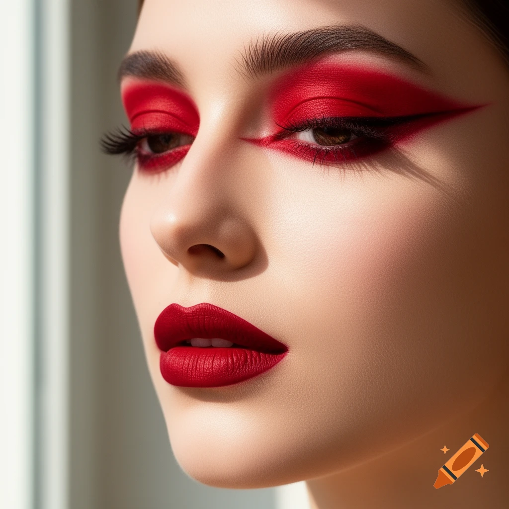 Close-up of a woman's face with dramatic red eye makeup, winged eyeliner, and red lipstick, looking off-camera. Photorealistic style.