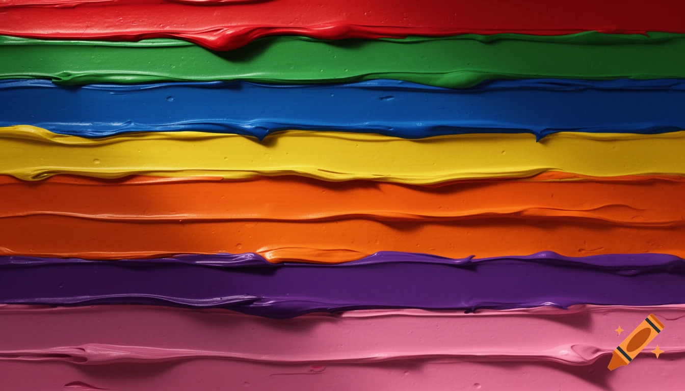 Close-up of horizontal stripes of thick, textured acrylic paint in vibrant red, green, blue, yellow, orange, purple, and pink.
