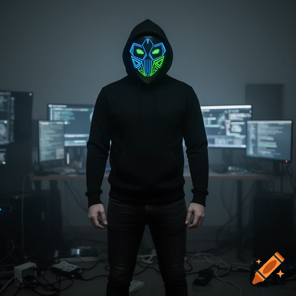 A man in a black hoodie and a glowing blue and green LED mask stands in a dark room filled with computer screens and wires.