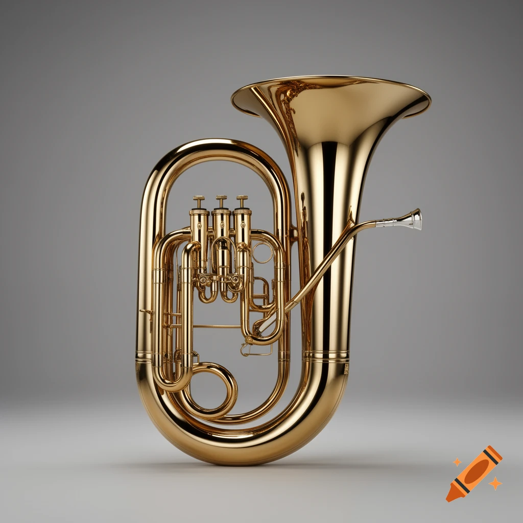 A shiny golden brass tuba with intricate tubing stands upright on a light grey background.