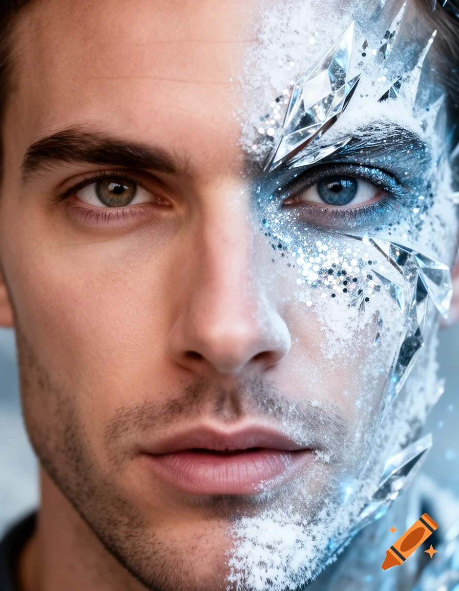 Close-up portrait of a man with half his face naturally human and the other half covered in ice shards, white frost, and blue glitter.
