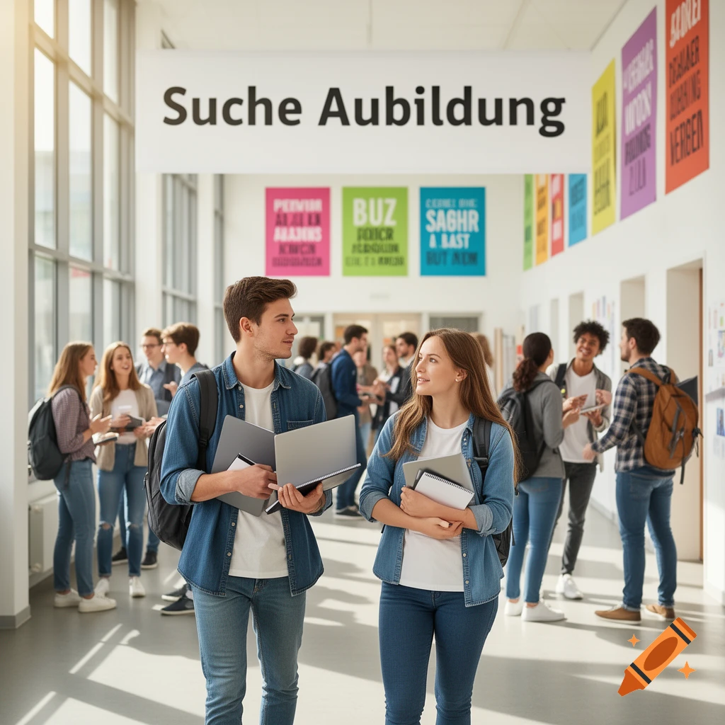 Two students walk and talk in a brightly lit college hallway with other students and a banner reading 'Suche Ausbildung'.