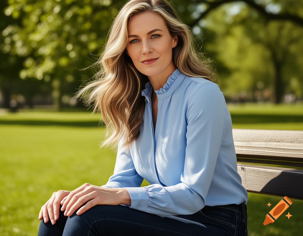 A photorealistic portrait of a woman with long blonde hair, wearing a light blue ruffled blouse and dark jeans, sitting on a park bench.