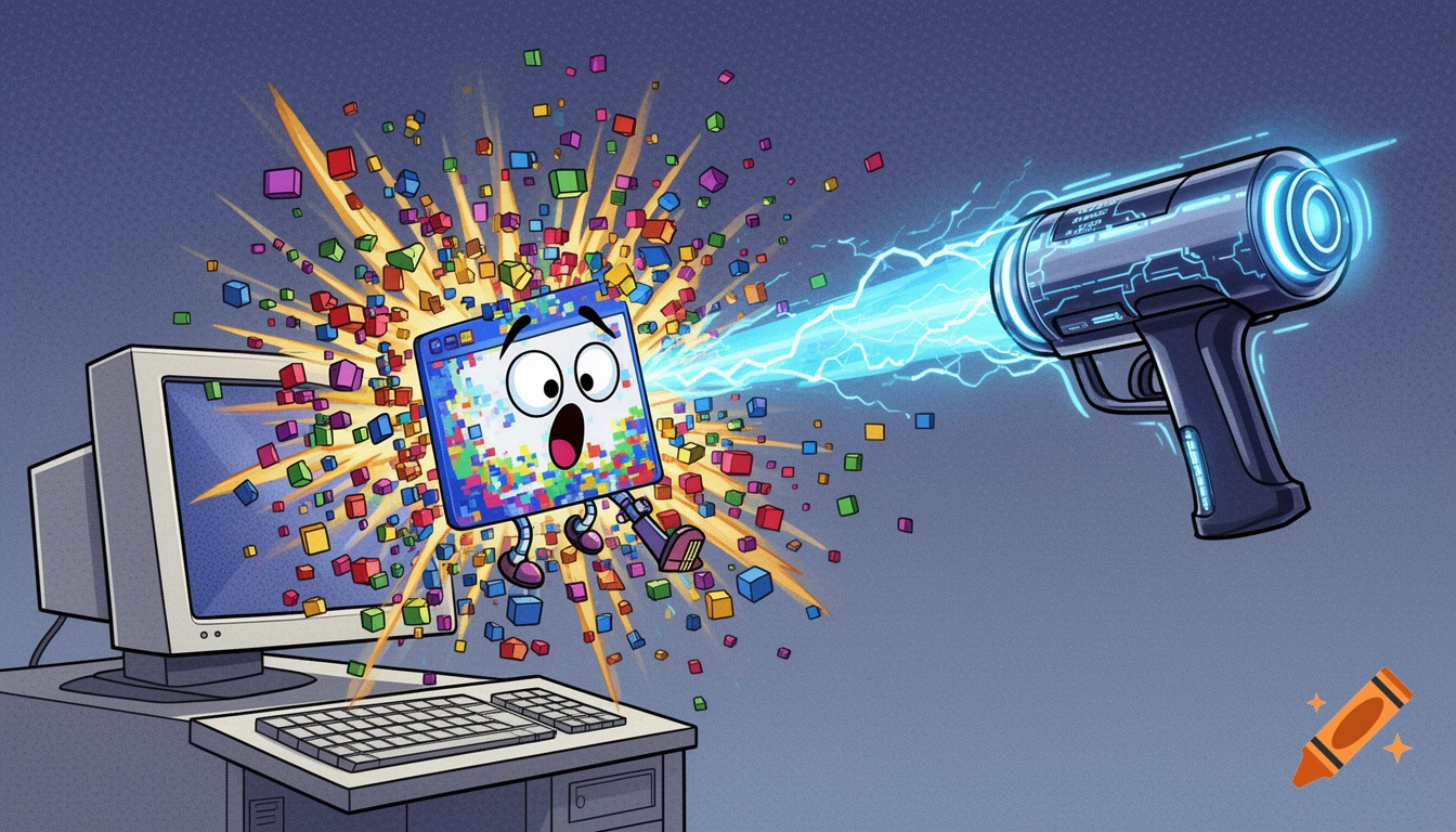 Cartoon of a futuristic ray gun blasting a surprised Microsoft Paint icon, causing colorful pixels to explode, next to a desktop computer.