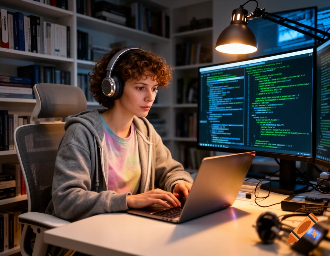 A young woman with curly hair and headphones works on a laptop in front of multiple computer monitors displaying code, in a home office with bookshelves.