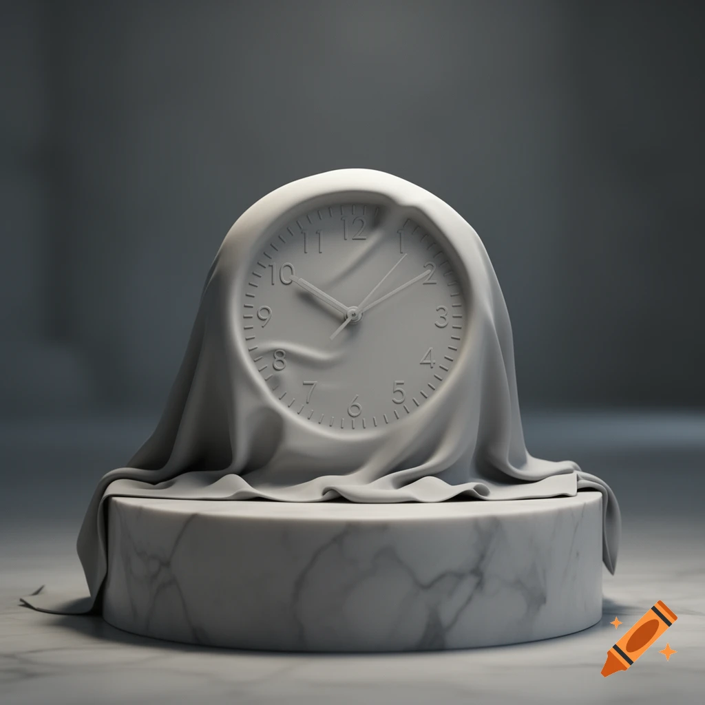 A monochromatic, surreal sculpture of a melting clock draped in fabric, resting on a round marble pedestal.