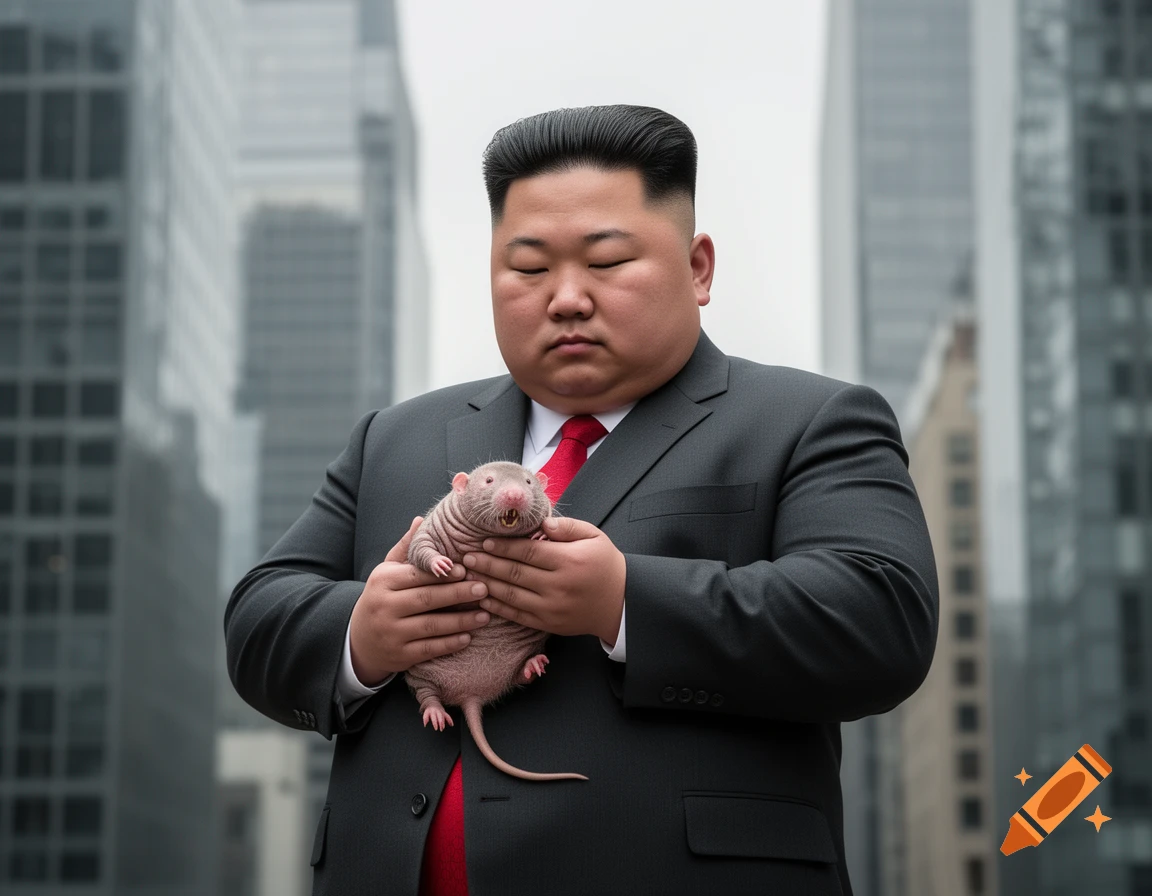 A man resembling Kim Jong-un in a suit holds a naked mole rat with a city skyline in the background, photorealistic style.