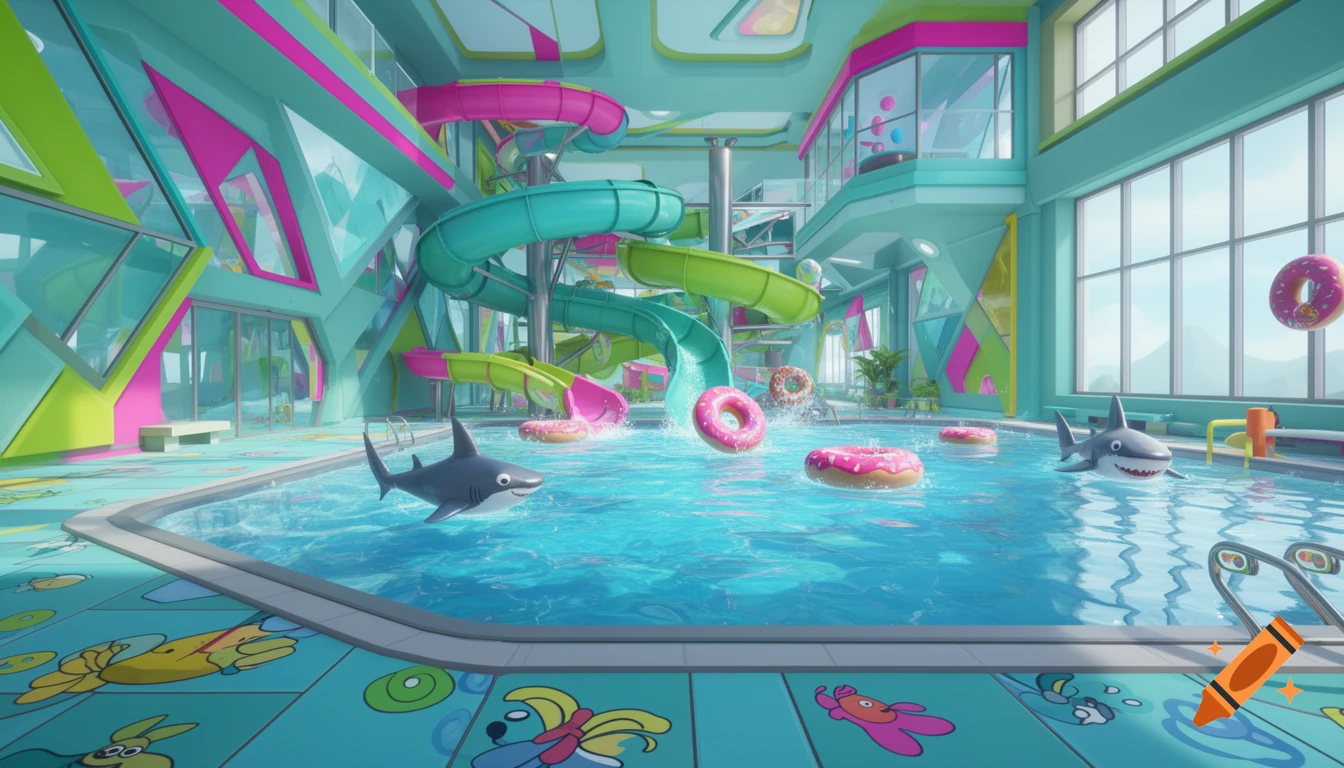 A colorful, cartoon-style indoor water park with multiple green and pink water slides, a swimming pool, and cartoon sharks and donut floaties in the water.
