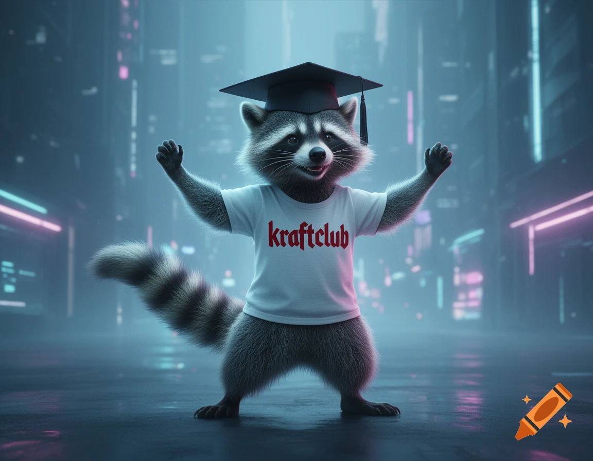 A confident anthropomorphic raccoon in a graduation cap and 'kraftclub' t-shirt, arms raised, in a futuristic cyberpunk city.