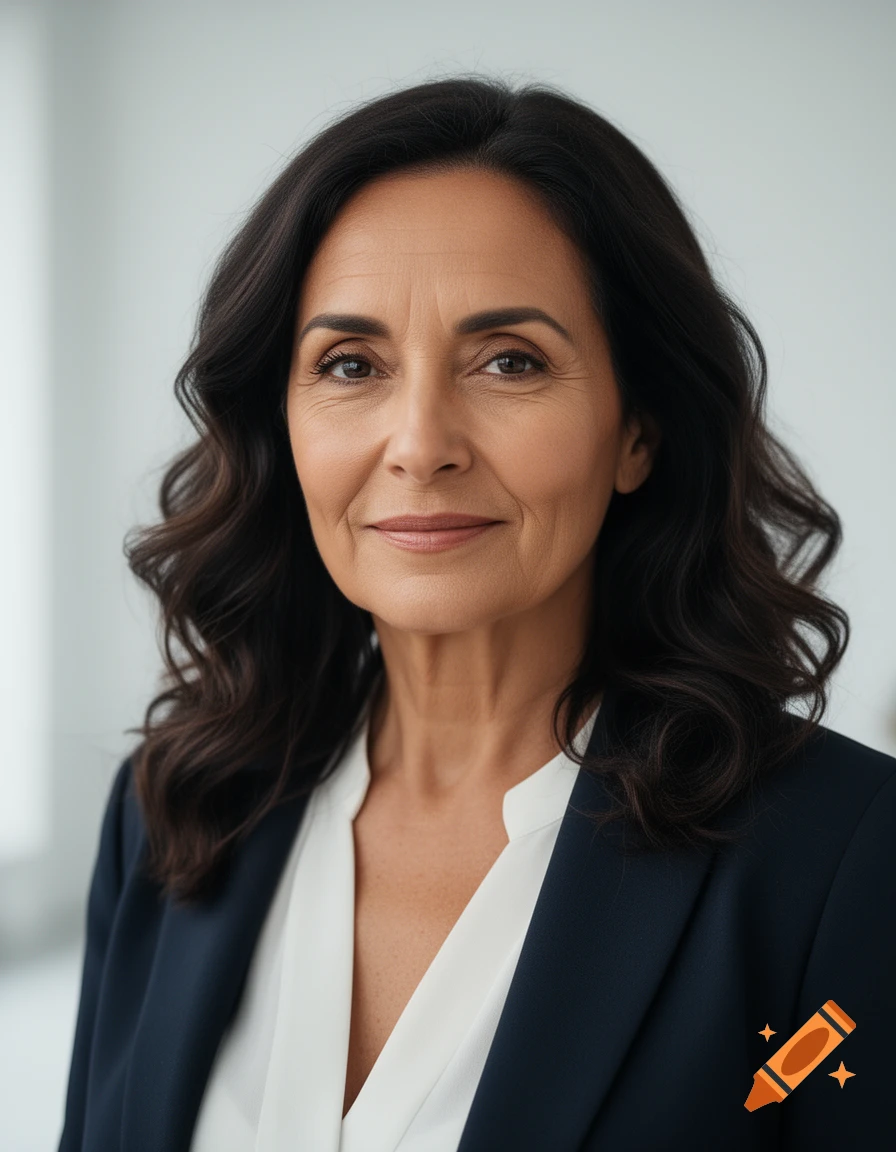 Photorealistic portrait of a professional-looking middle-aged woman with dark wavy hair wearing a white blouse and dark blazer.