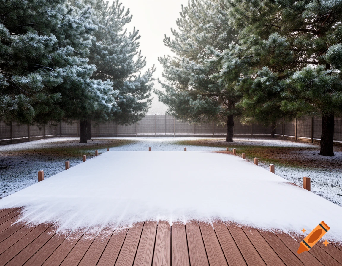 A wooden deck partially covered in light snow, with frosted pine trees and a low fence in the background.
