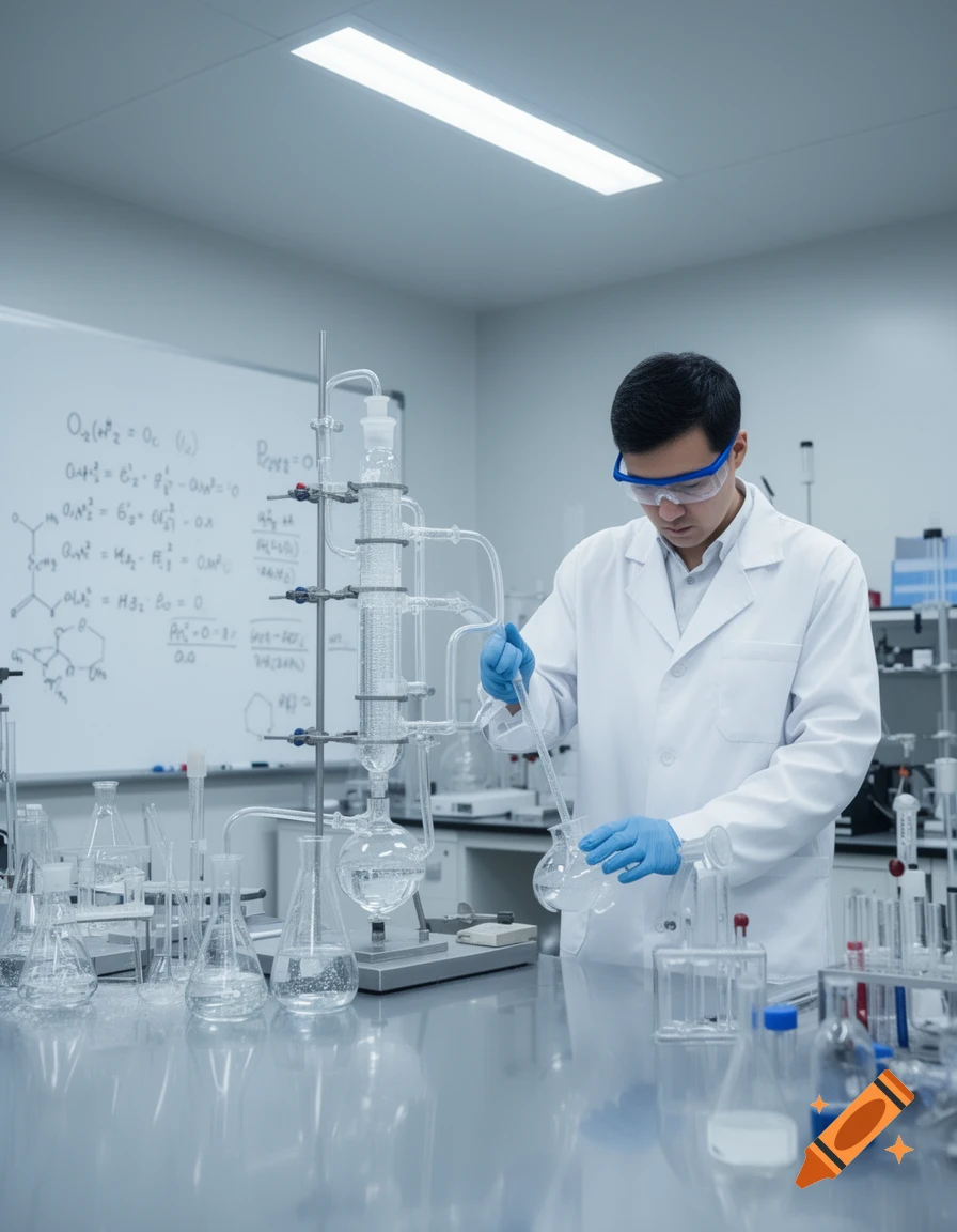 A scientist in a lab coat and safety goggles works with glassware and a distillation setup in a bright laboratory.