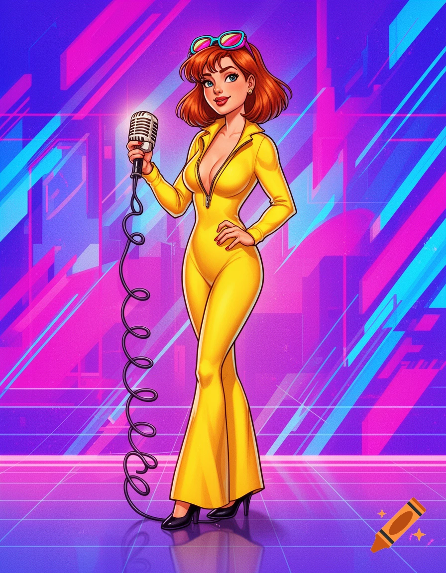 A cartoon April O'Neil in a yellow jumpsuit holding a microphone, against a neon pink and blue geometric background.
