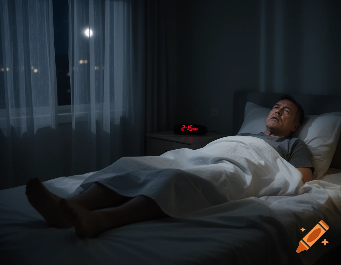 A man lies awake in bed at night, looking distressed, with a digital alarm clock displaying 2:15 AM.