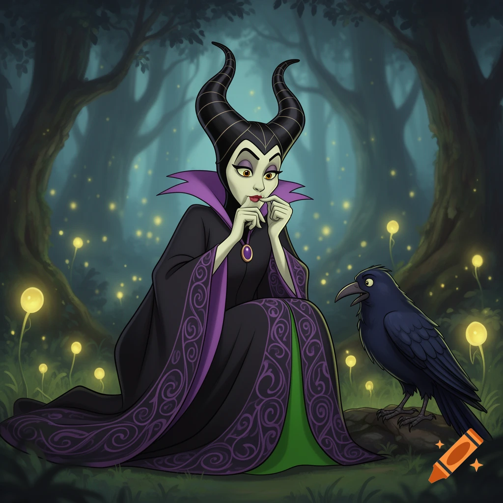A 2D cartoon illustration of Maleficent crouching in an enchanted forest with a raven, holding her fingers to her mouth.