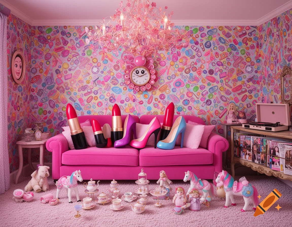A vibrant, pink, doll-themed living room with oversized lipsticks and high heels on a sofa, dolls, and a tea set on the carpet, and walls covered in colorful patterns.