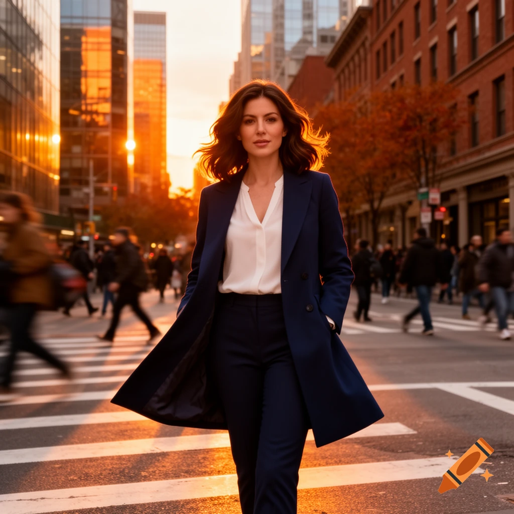 A confident woman in a navy suit walks on a city crosswalk at sunset, with tall buildings glowing in the background.