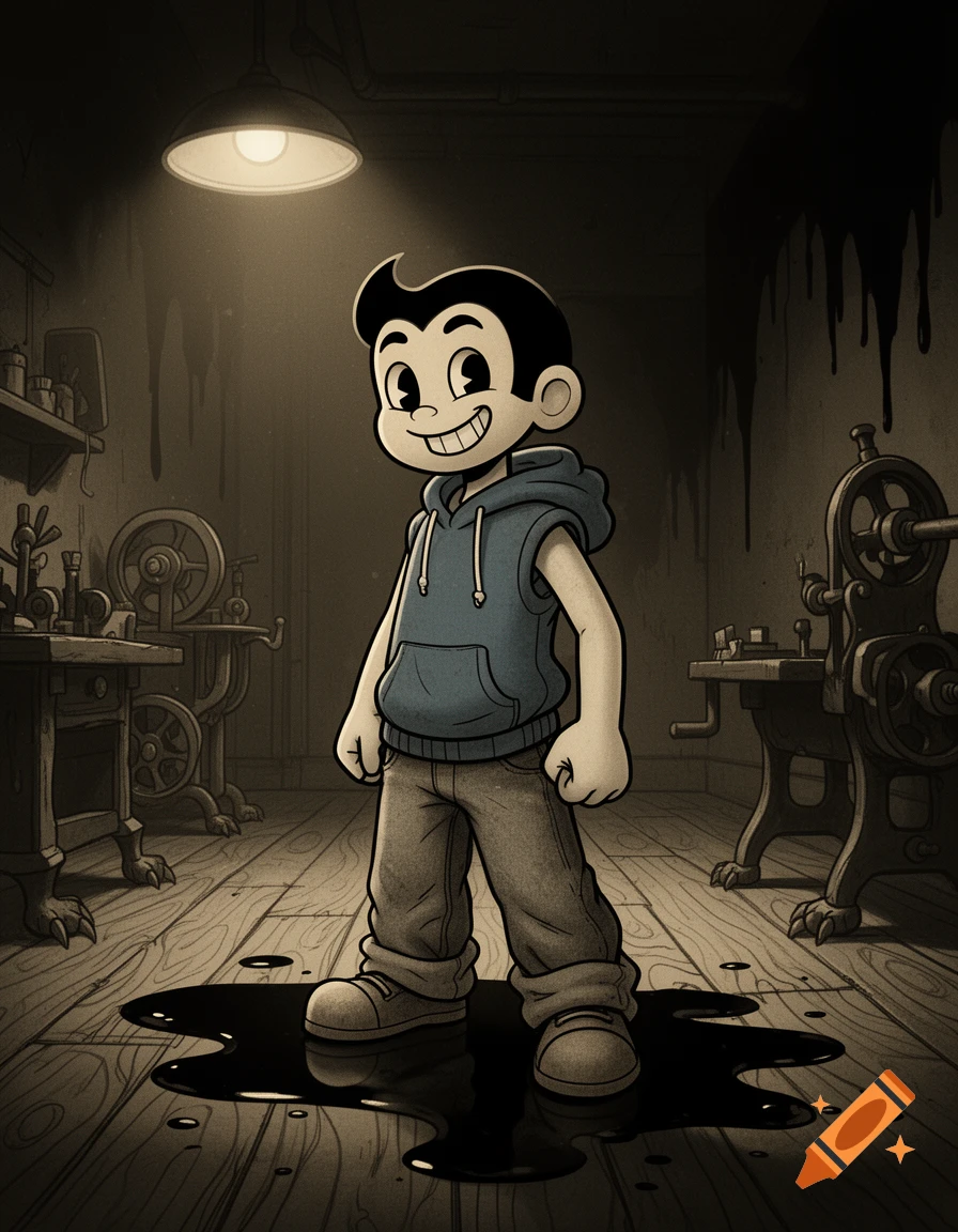A cartoon boy with black hair and a big grin stands in a dark, ink-splattered studio with old machinery, under a single lamp.