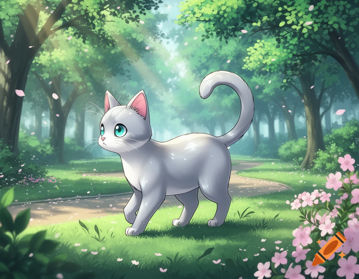 An anime-style light gray cat with bright blue eyes walks through a sunlit green park with pink flowers and falling petals.