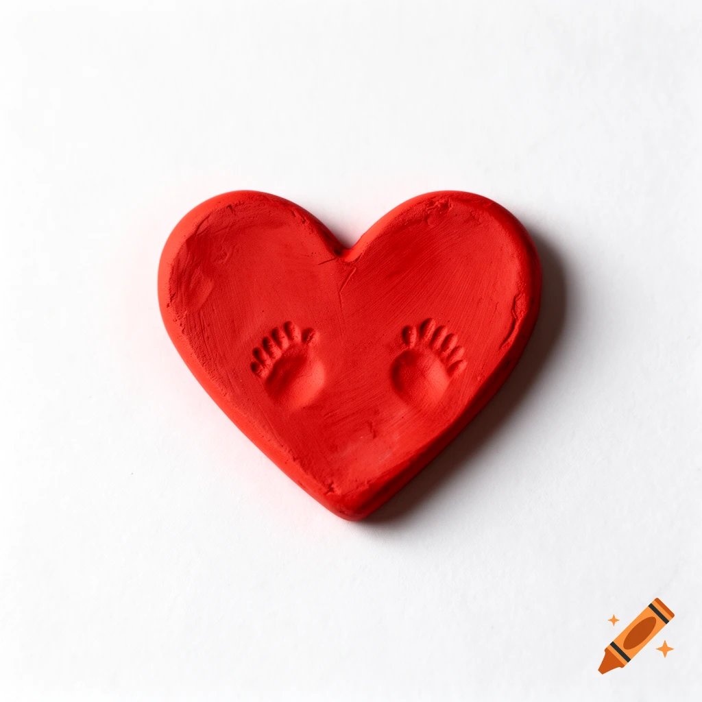 A top-down view of a handcrafted red clay heart with two baby footprints pressed into it, on a white background.
