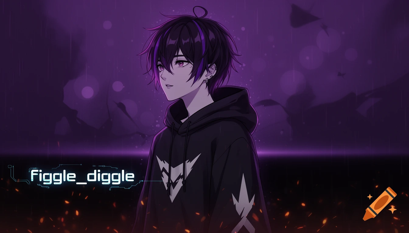 Anime-style male character in a black hoodie with purple highlights, standing against a dark purple, rainy background with cityscape silhouettes and text 'figgle_diggle'.