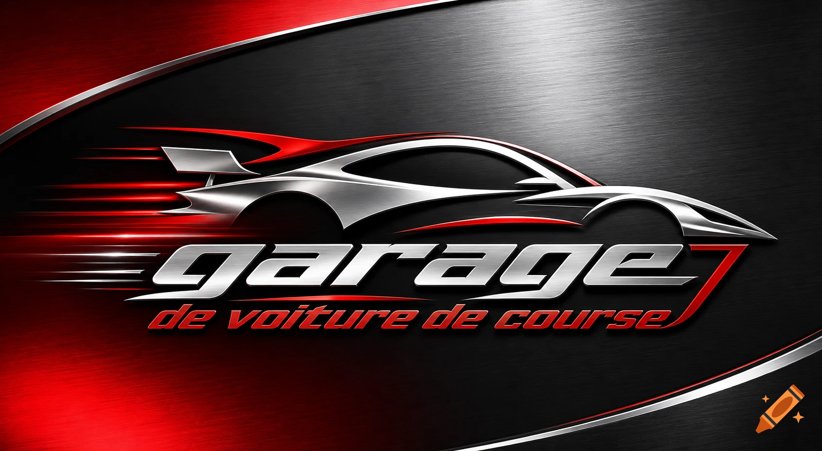 A metallic logo for a car garage, featuring a stylized silver sports car, red accents, and 'garage de voiture de course' text.