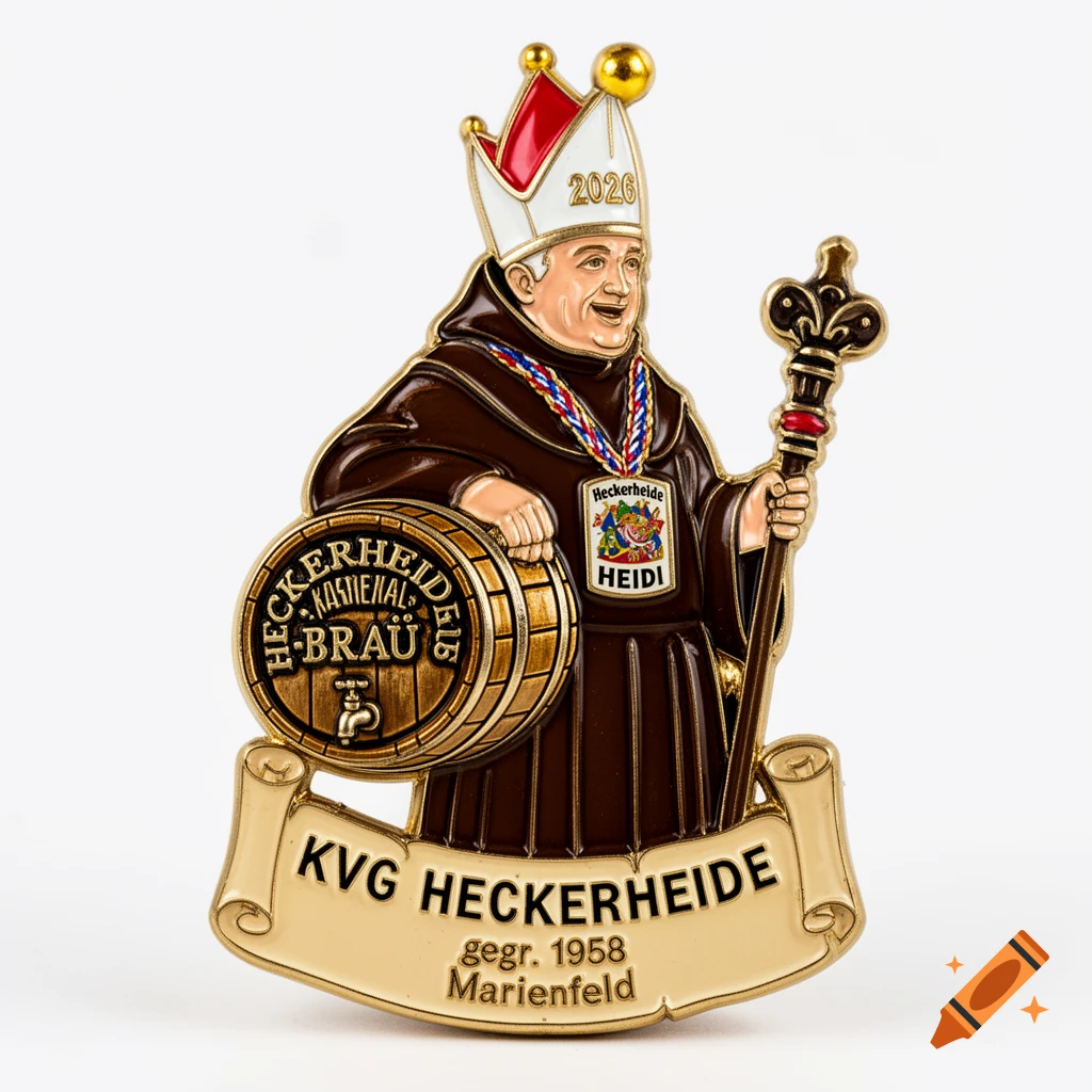 An enamel pin of a monk in a brown robe wearing a red and white carnival hat with "2026" on it, holding a scepter and leaning on a beer barrel labeled "HECKERHEIDE KARNEVALS-BRÄU" and "51B". He wears a medal around his neck with "Heckerheide HEIDI". A banner below reads "KVG HECKERHEIDE gegr. 1958 Marienfeld".