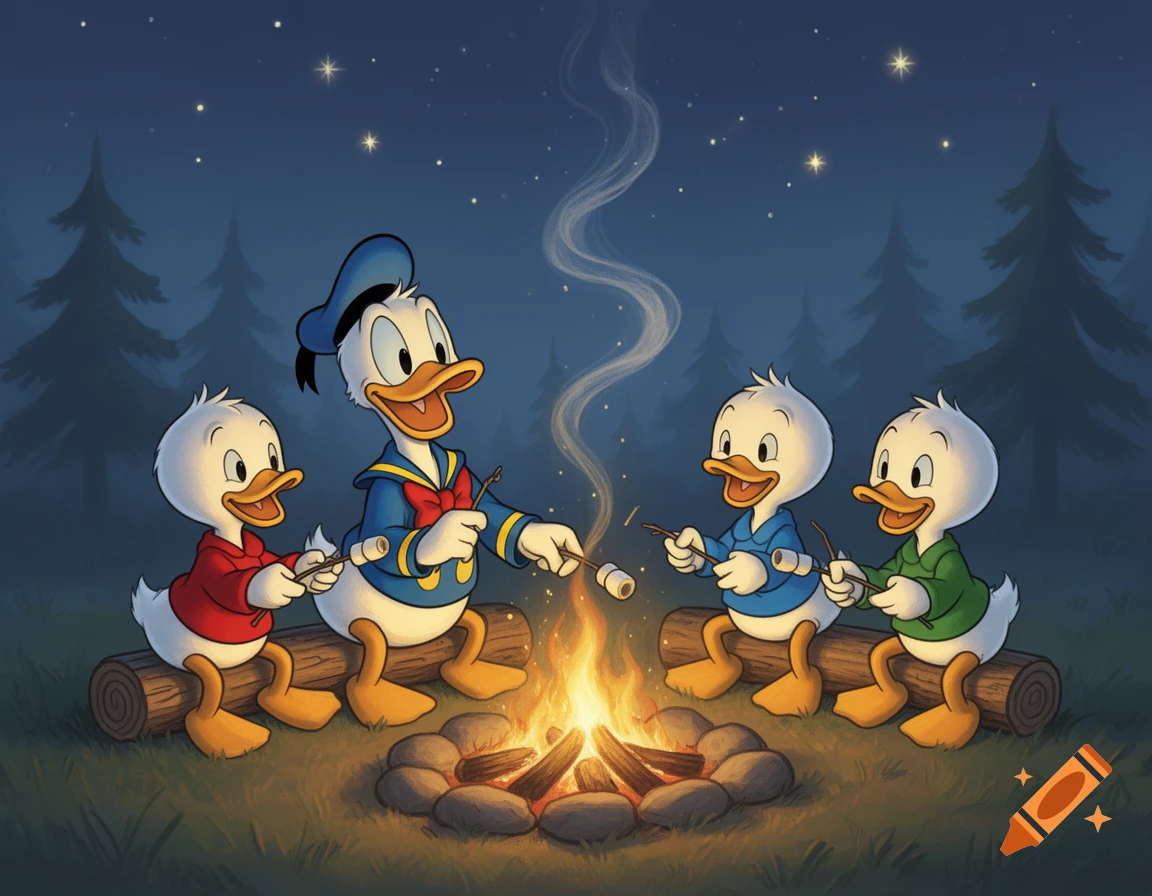 Donald Duck and his three nephews roast marshmallows over a crackling campfire in a dark forest at night, cartoon style.