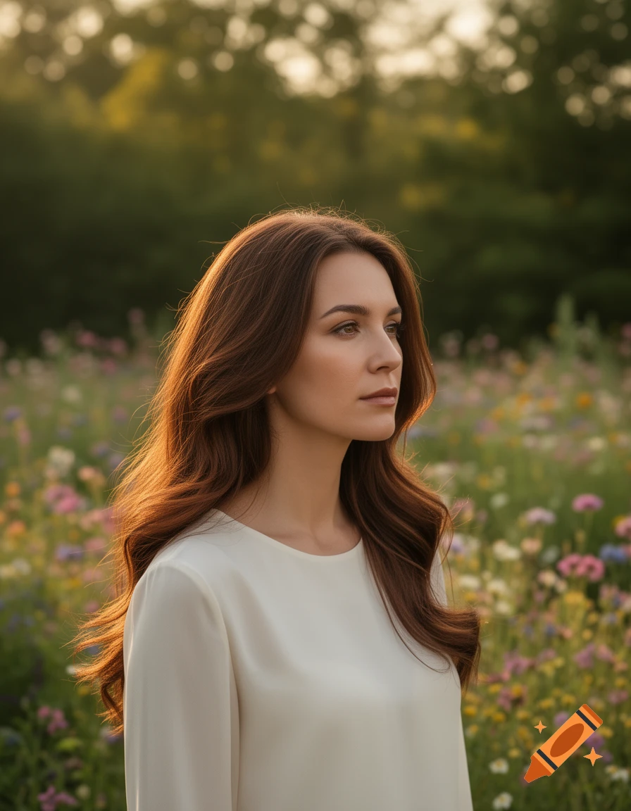 A brown-haired woman in a white top stands in a sunlit field of wildflowers, looking right.