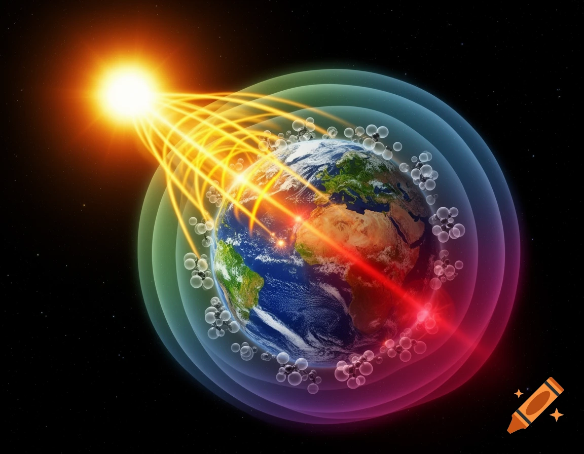 A scientific illustration of the Sun's radiation hitting Earth, showing light rays penetrating colorful atmospheric layers with small molecules, depicting the greenhouse effect.