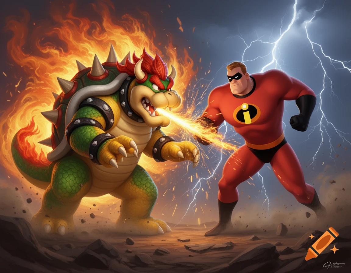 Bowser breathing fire at Mr. Incredible during a battle on a rocky terrain under a lightning storm.