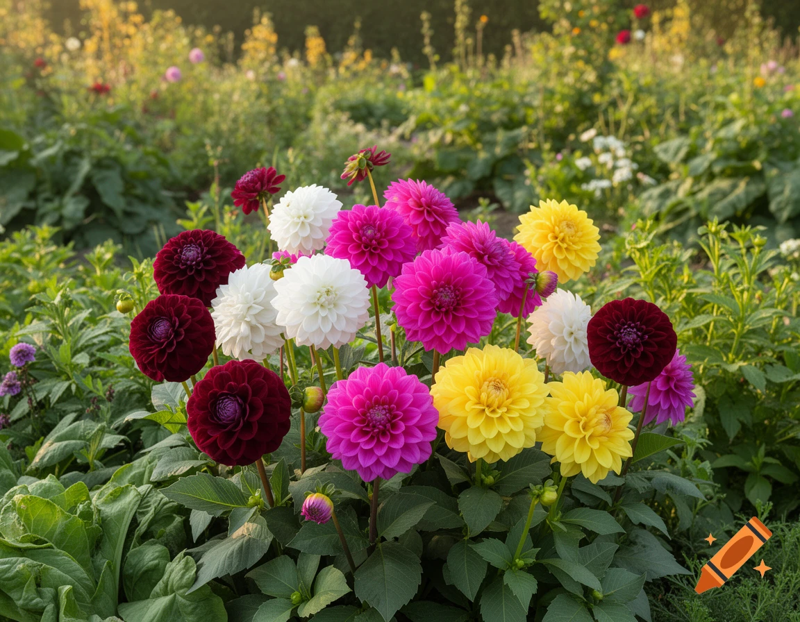Photorealistic image of vibrant pink, yellow, white, and deep red dahlias blooming in a lush garden setting.