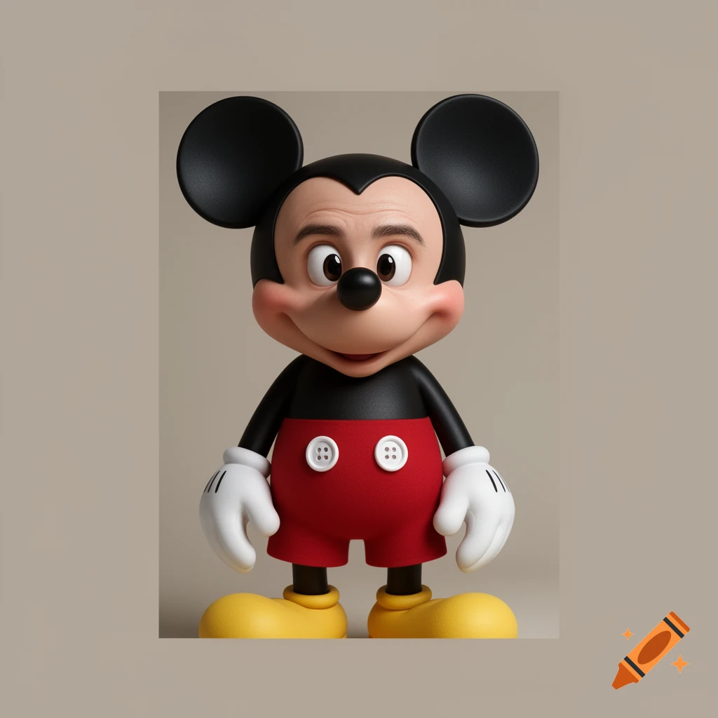 A 3D rendered Mickey Mouse with a realistic human face and skin texture, standing against a neutral background.