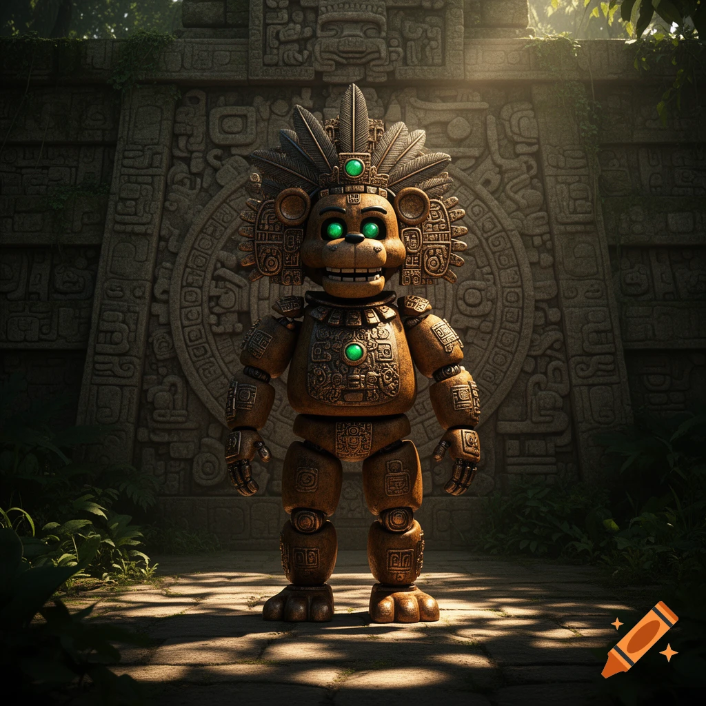 A golden Freddy Fazbear robot in ancient Aztec style, with green glowing eyes and chest gem, standing in front of an intricately carved stone wall within a jungle ruin.