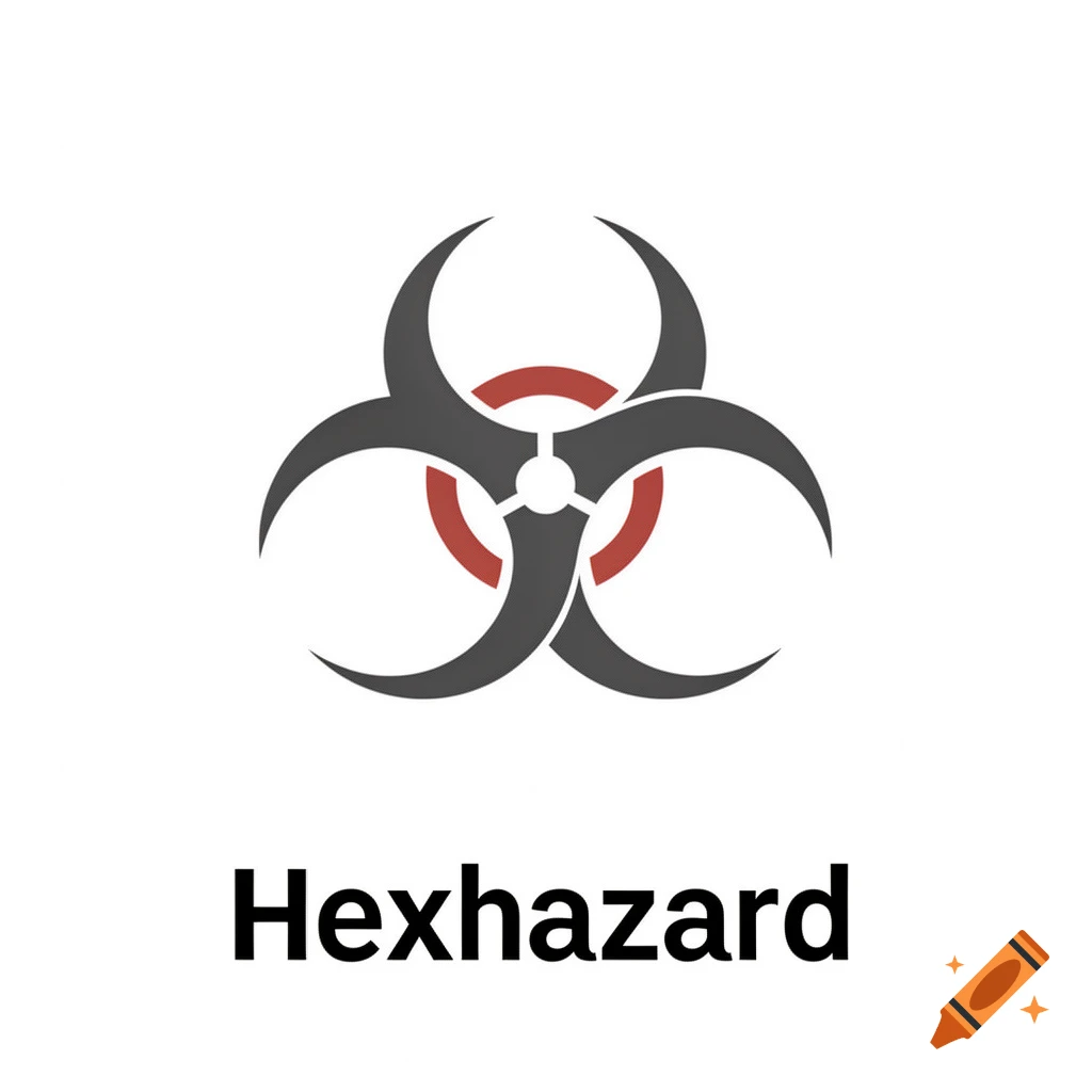 A black and red biohazard-like symbol with curved blades and a red ring in the center, above the word "Hexhazard" on a white background.