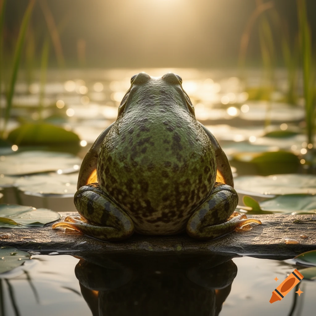 A close-up, rear view of a green frog sitting on a log at the edge of a sunlit lake with lily pads.