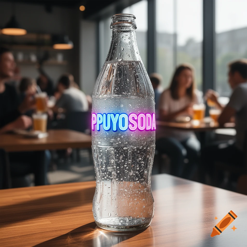 A clear glass bottle labeled "PPUYOSODA" with condensation, stands on a wooden table in a blurred restaurant background.