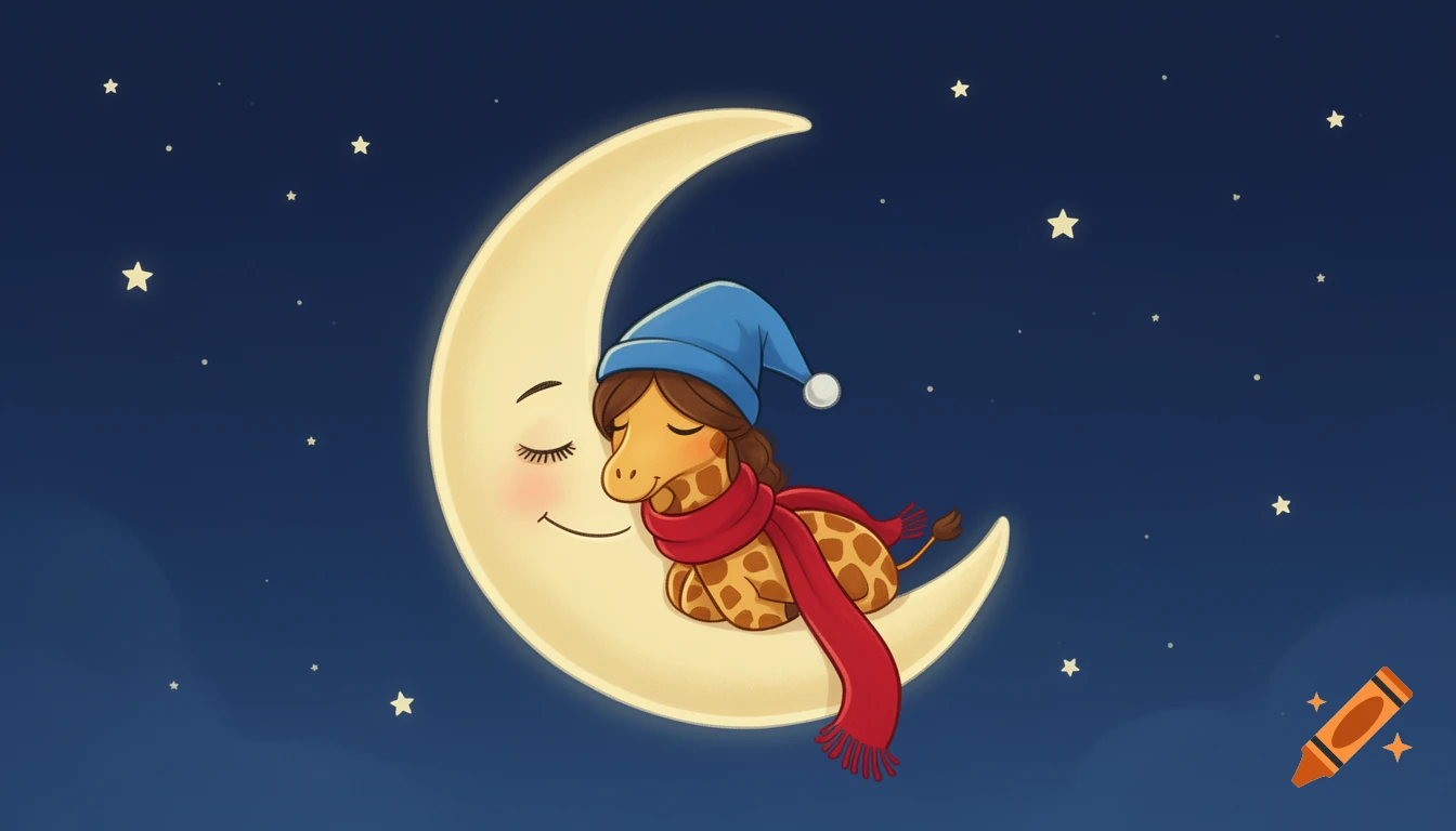 Cartoon giraffe wearing a blue nightcap and red scarf, sleeping soundly on a smiling crescent moon in a starry night sky.