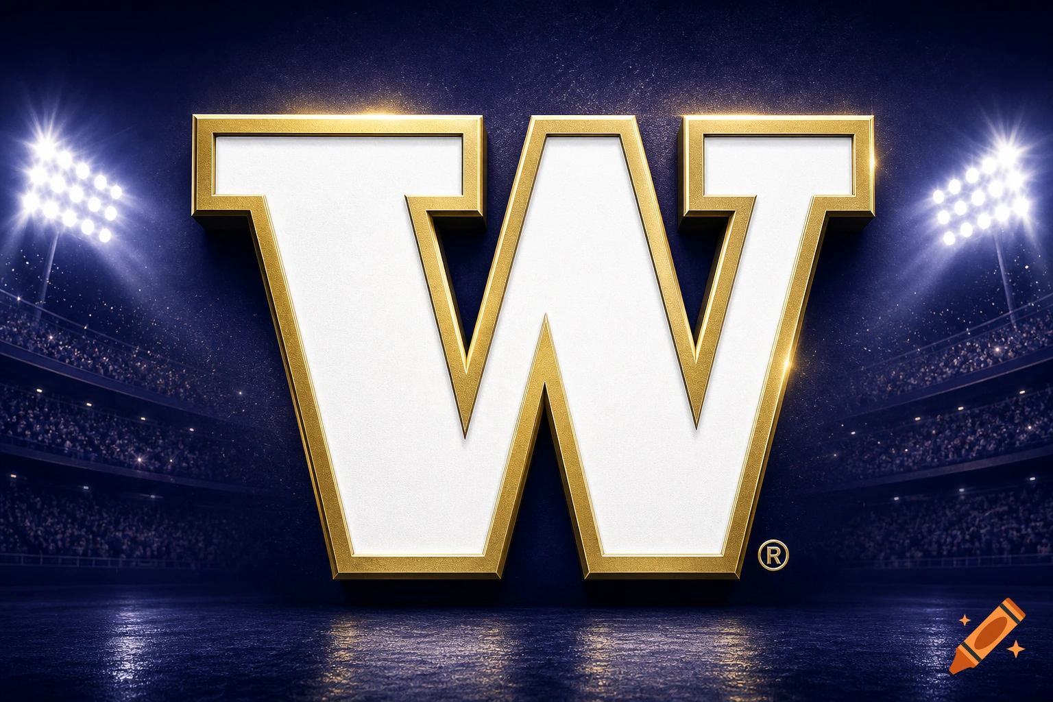 A large, golden-edged white letter 'W' logo sits on a reflective dark blue stadium floor under bright stadium lights.