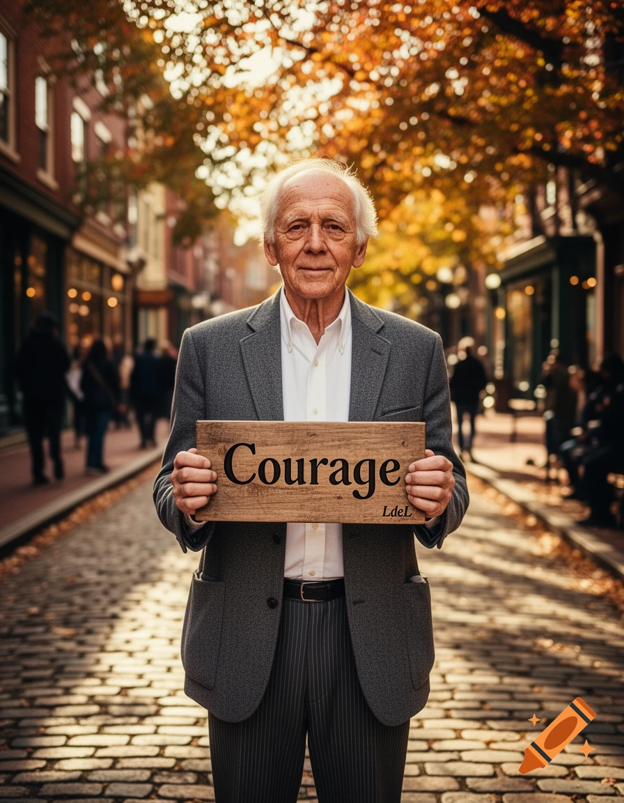 An elderly man in a suit holds a wooden sign reading 'Courage' and 'LdeL' on an autumn cobblestone street.
