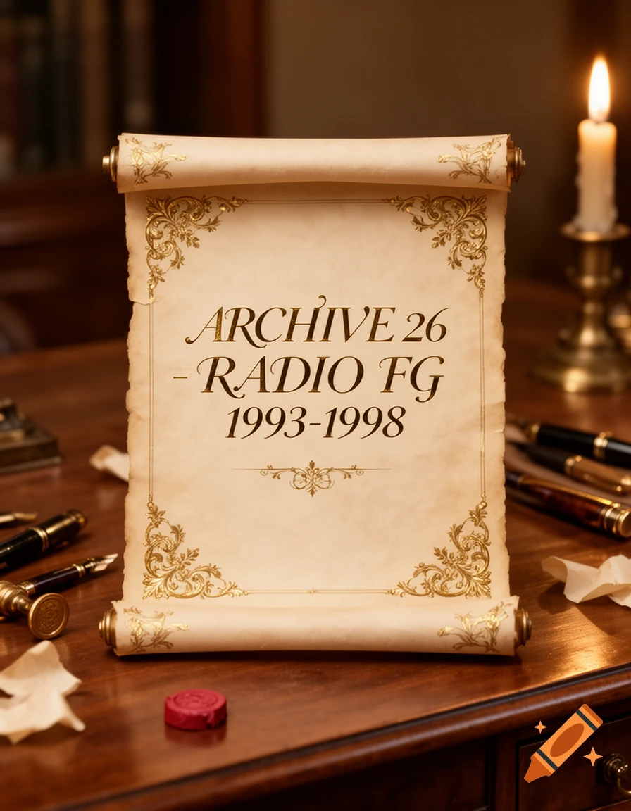 A vintage scroll with 'ARCHIVE 26 - RADIO FG 1993-1998' text, gold decorations, on a wooden desk with pens and a lit candle.