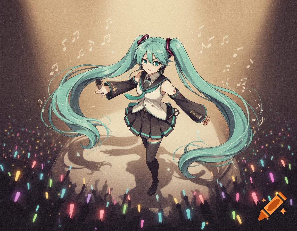 Hatsune Miku performing on a stage with a cheering crowd, in a vintage anime cell-shaded style with musical notes.